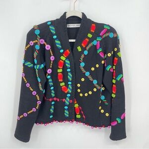 Michael Simon Charcoal Cardigan with Multicolor Patterns